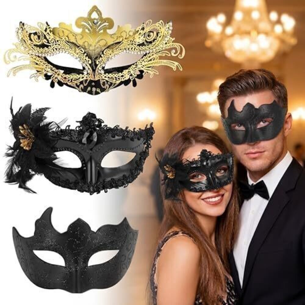 8896 3 Pcs Mardi Gras Masks for Couples Black and Gold Masquerade Mask